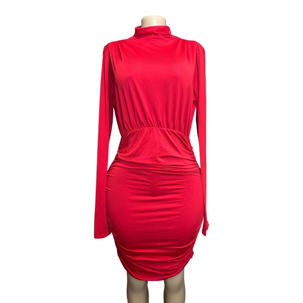 K-122 Women's Size Large Red Long Sleeve High Neck Ruched Bodycon Dress